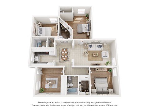 A 3D floor plan of a house with a kitchen, living room, and bathrooms.